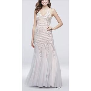 Xscape Beaded Lattice Mermaid Dress with Crisscross Back Pale Pink Prom Womens 4
